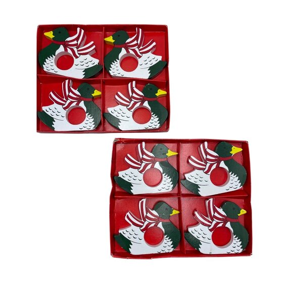 Set Of 4 Vintage Wooden Duck Napkin Rings With Red White Striped Scarves - Picture 4 of 11